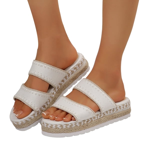 Rokment Stitching Espadrilles Platform Beach Sandals for Women Fashion Casual Height Increasing Flatform Comfortable Walking Chunky Flat Dress Slip on Slides Summer Vacation White Size 7.5