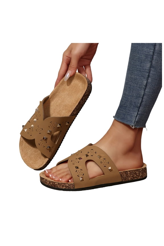 Studded Cork Footbed Beach Slides Sandals for Women 2026 Punk Fashion Casual Leather Dress Slip on Comfortable Orthopedic Platform Wide Width Walking Slippers Summer Brown Size 6.5