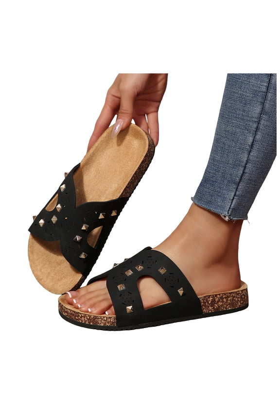 Studded Cork Footbed Beach Slides Sandals for Women 2026 Punk Fashion Casual Leather Dress Slip on Comfortable Orthopedic Platform Wide Width Walking Slippers Summer Black Size 7