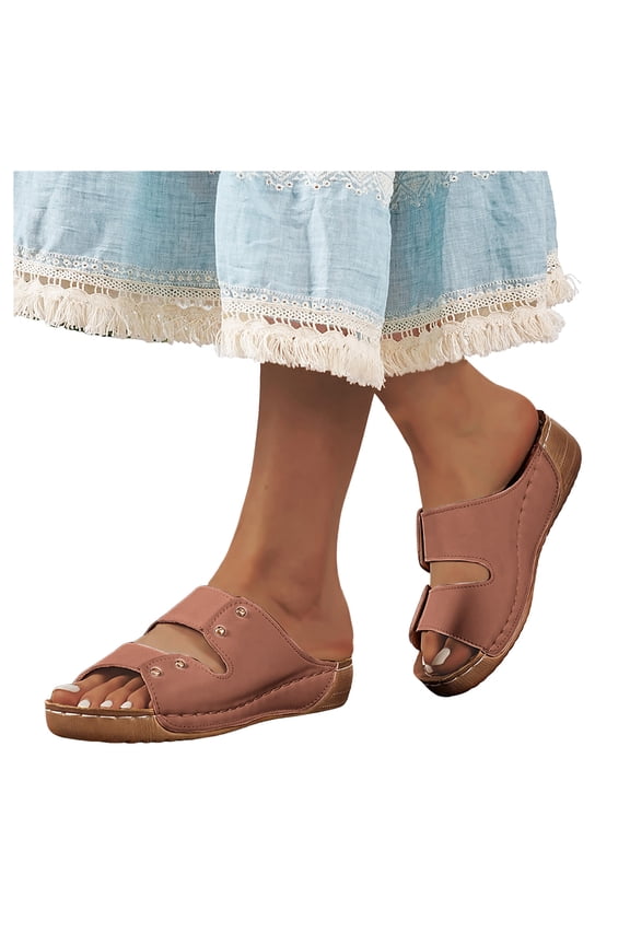 Studded Orthotic Platform Wedges Slip on Walking Sandals for Women Summer Beach Fashion Casual Leather Chunky Mid Heel Slides Dress Slippers Brown Size 8.5