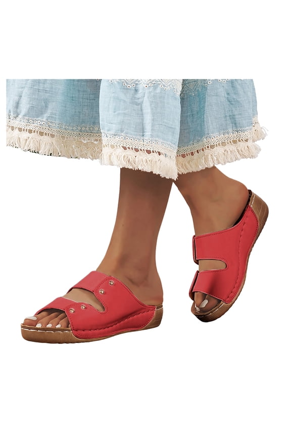 Studded Orthotic Platform Wedges Slip on Walking Sandals for Women Summer Beach Fashion Casual Leather Chunky Mid Heel Slides Dress Slippers Red Size 8.5