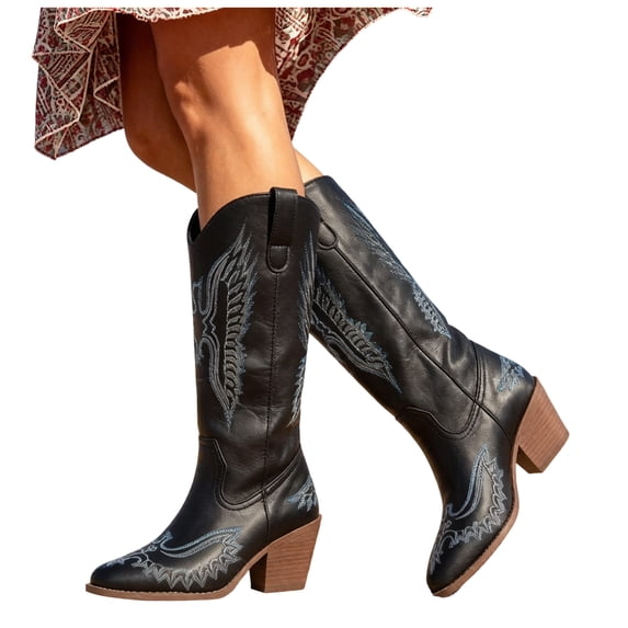 Rokment Swing Embossed Knee High Cowboy Boots for Women Vintage Casual Leather Chunky Block Heels Wide Calf Western Cowgirl Riding Booties