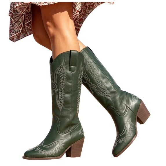 Rokment Swing Embossed Knee High Cowboy Boots for Women Vintage Casual Leather Chunky Block Heels Wide Calf Western Cowgirl Riding Booties