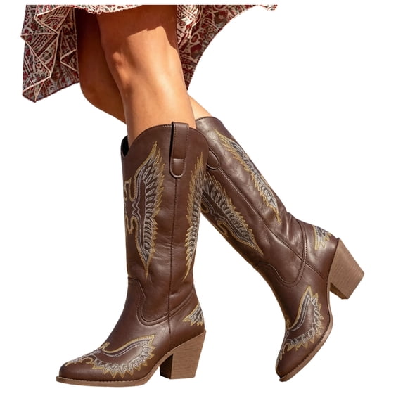Rokment Swing Embossed Knee High Cowboy Boots for Women Vintage Casual Leather Chunky Block Heels Wide Calf Western Cowgirl Riding Booties