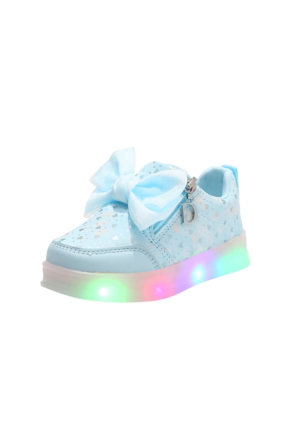Toddler Lace Bow Heart Light up Low Top Fashion Sneakers for Little Girls Kids Casual Leather LED Flashing Zip up Platform Thick Sole Walkng Tennis Shoes