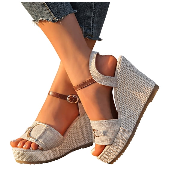 Rokment Ultra Wedge High Heels Dressy Sandals for Women Ladies 2026 Fashion Casual Buckles Linen Espadrilles Platform Chunky Heeled Dress Summer Shoes Beige Size 6