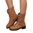 thumbnail image 1 of Rokment Vintage Buckles Mid Calf Combat Boots for Women 2025 Fall Winter Suede Leather Patchwork Low Heel Riding Short Booties Yellow Size 8, 1 of 8