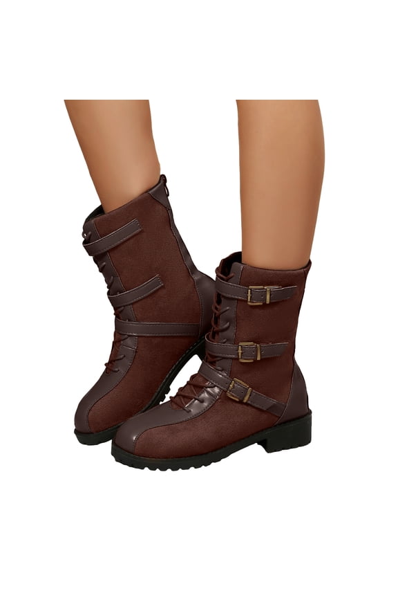 Vintage Buckles Mid Calf Combat Boots for Women 2025 Fall Winter Suede Leather Patchwork Low Heel Riding Short Booties Brown Size 9