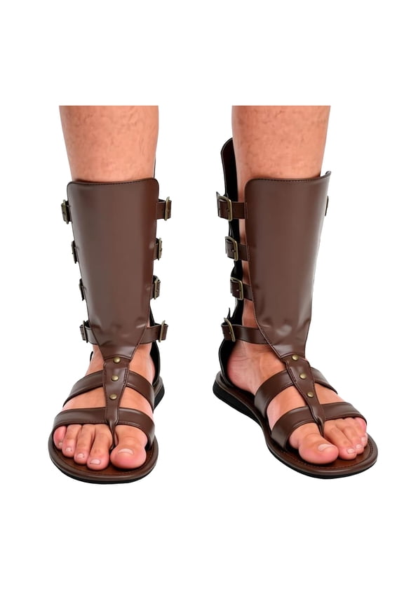 Vintage Buckles Mid Calf Gladiator Flip Flops for Men Roman Retro Beach Casual Leather Fisherman Flat Dressy Sandals with Back Zipper Brown Size 10.5
