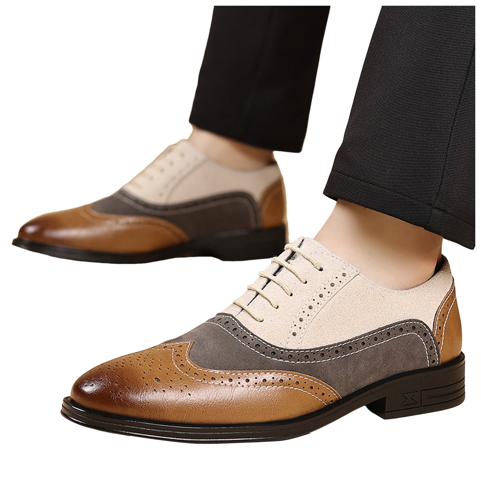 Rokment Vintage Color Block Oxfords Dress Shoes for Men Retro Leather Suede Patchwork Pointed Toe Lace up Wingtip Formal Business Work Beige Size 8.5