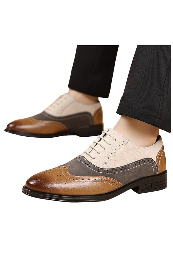 Vintage Color Block Oxfords Dress Shoes for Men Retro Leather Suede Patchwork Pointed Toe Lace up Wingtip Formal Business Work Beige Size 8
