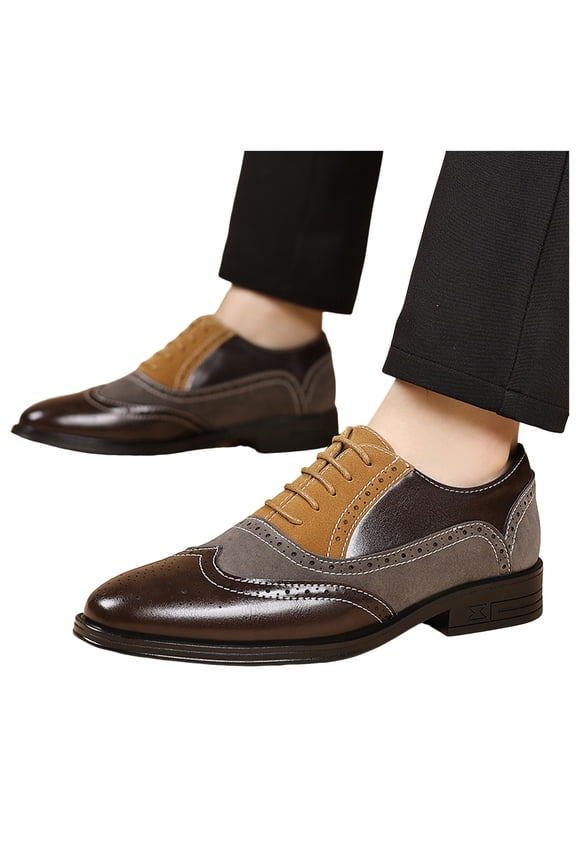 Vintage Color Block Oxfords Dress Shoes for Men Retro Leather Suede Patchwork Pointed Toe Lace up Wingtip Formal Business Work Khaki Size 9.5