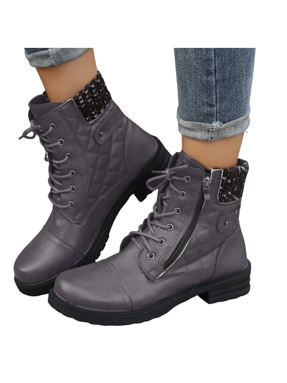 Vintage Combat Boots for Women Fall Winter Quilted Leather Chunky Low Heel Lace up Side Zipper Casual Short Riding Ankle Booties Grey Size 6.5