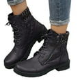 thumbnail image 1 of Rokment Vintage Combat Boots for Women Fall Winter Quilted Leather Chunky Low Heel Lace up Side Zipper Casual Short Riding Ankle Booties Black Size 6, 1 of 5
