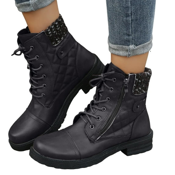 Rokment Vintage Combat Boots for Women Fall Winter Quilted Leather Chunky Low Heel Lace up Side Zipper Casual Short Riding Ankle Booties Black Size 6