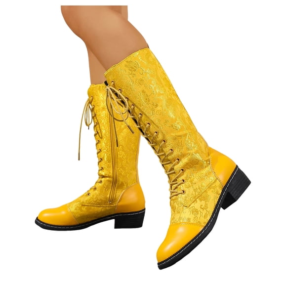 Rokment Vintage Embossed Mid Calf Combat Boots for Women Ethnic Casual Leather Patchwork Chunky Block Low Heels Lace up Knee High Tall Dress Booties