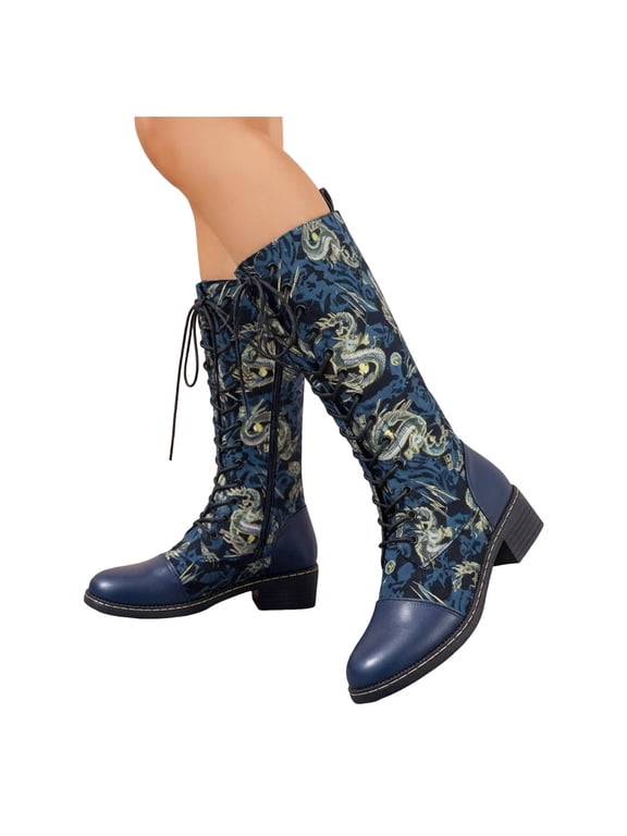 Vintage Embossed Mid Calf Combat Boots for Women Ethnic Casual Leather Patchwork Chunky Block Low Heels Lace up Knee High Tall Dress Booties