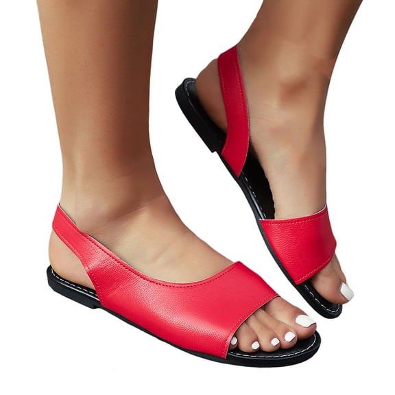 Rokment Vintage Flat Dressy Sandals for Women 2026 Stylish Casual Leather Fish Mouth Open Toe Low Heels Comfortable Slingback Walking Summer Shoes with Back Strap Red Size 7