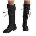 thumbnail image 1 of Rokment Vintage Knee High Combat Boots for Women Fall Winter Punk Mid Century Leather Lace up Buckles Mid Calf Riding Tall Boots with Side Zipper Black Size 6, 1 of 7