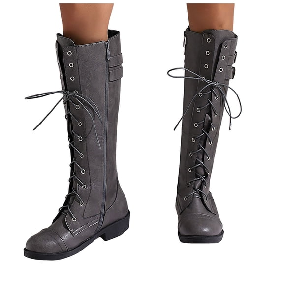 Rokment Vintage Knee High Combat Boots for Women Fall Winter Punk Mid Century Leather Lace up Buckles Mid Calf Riding Tall Boots with Side Zipper Grey Size 6