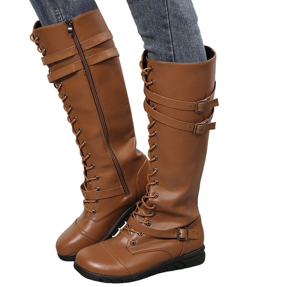 Rokment Vintage Knee High Combat Boots for Women Casual Buckles Leather Lace up Platform Wedge Mid Heels Mid Calf Motorcycle Riding Tall Booties