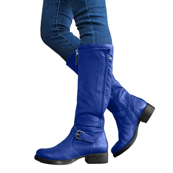 Rokment Vintage Knee High Cowboy Riding Boots for Women Fall Winter Retro Casual Leather Buckles Wide Calf Slouchy Cowgirl Tall Booties Blue Size 10