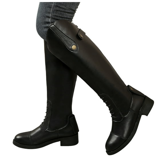 Rokment Vintage Knee High Riding Combat Boots for Women Fashion Casual Leather Lace up Chunky Mid Heel Wide Calf over The Knee Tall Dress Boots Fall Winter with Back Zipper Black Size 6
