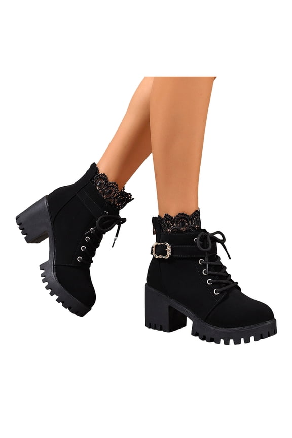 Vintage Lace Platform Combat Boots for Women 2025 Fall Winter Fashion Casual Chunky High Heel Lug Sole Chukka Dress Ankle Booties Black Size 6.5