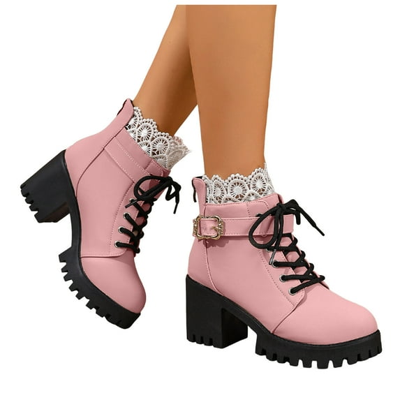 Rokment Vintage Lace Platform Combat Boots for Women 2025 Fall Winter Fashion Casual Chunky High Heel Lug Sole Chukka Dress Ankle Booties Pink Size 6.5