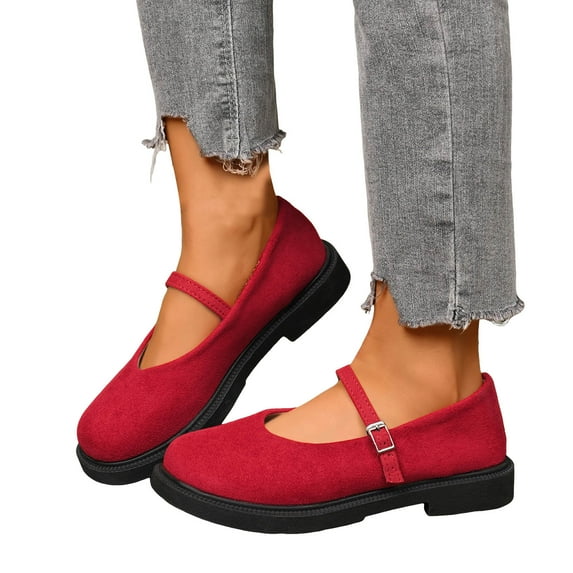 Rokment Vintage Mary Jane Shoes for Women 2026 Spring Fall Suede Casual Platform Chunky Low Heel Ballet Flat Walking Uniforms Dress Loafers Red Size 6.5