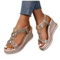 thumbnail image 1 of Rokment Vintage Metallic Glitter Platform Wedge Dressy Sandals for Women Bride Wedding Bohemian Beach Leather Chunky High Heels Slingback Dress Summer Shoes Gold Size 7.5, 1 of 8