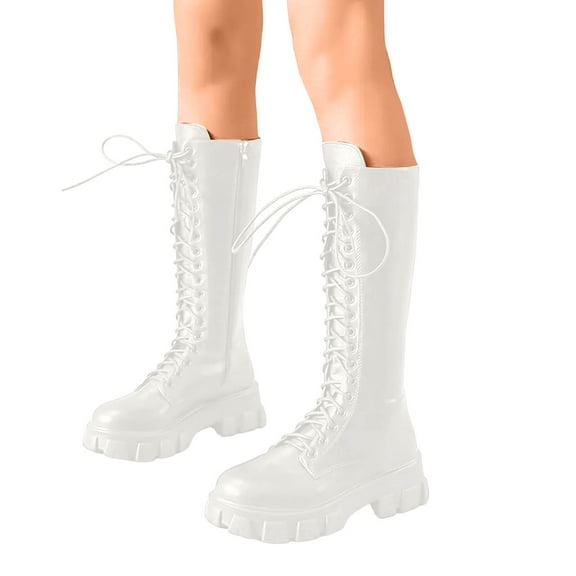 Rokment Vintage Platform Mid Calf Combat Boots for Women Mid Century Retro Leather Lace up Chunky Heeled Long Tall Dress Boots White Size 6