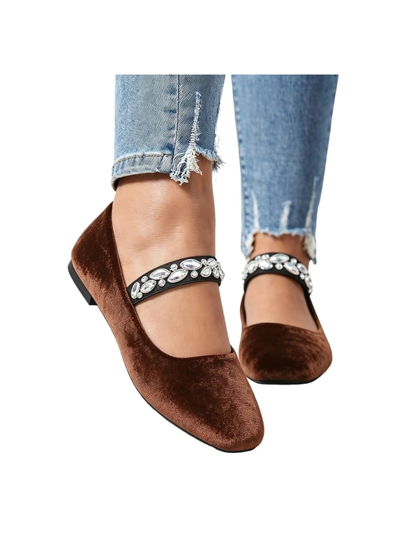 Vintage Sparkly Rhinestones Ballet Flat Dress Shoes for Women Ladies Spring Fall Retro Brown Suede Flower Butterfly Pearl Dressy Low Heels Casual Slip on Loafers Coffee Size 6.5
