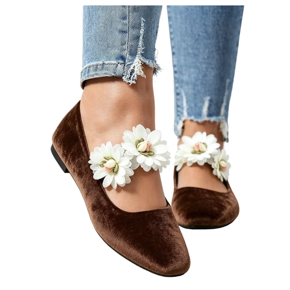 Rokment Vintage Sparkly Rhinestones Ballet Flat Dress Shoes for Women Ladies Spring Fall Retro Brown Suede Flower Butterfly Pearl Dressy Low Heels Casual Slip on Loafers Brown Size 8.5