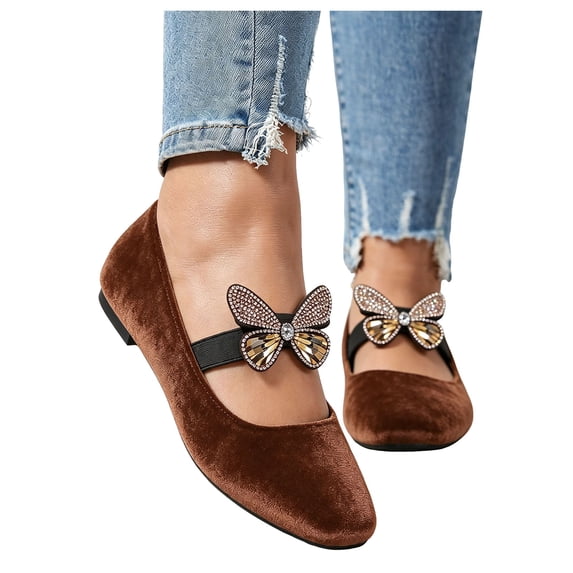 Rokment Vintage Sparkly Rhinestones Ballet Flat Dress Shoes for Women Ladies Spring Fall Retro Brown Suede Flower Butterfly Pearl Dressy Low Heels Casual Slip on Loafers Rose Gold Size 8
