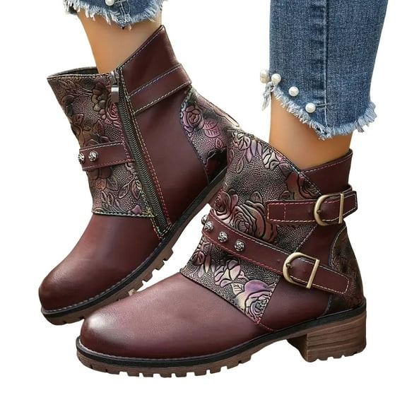 Rokment Vintage Wide Calf Combat Boots for Women Winter Spring Retro Leather Flower Buckles Chunky Heels Riding Ankle Booties Wine Size 6