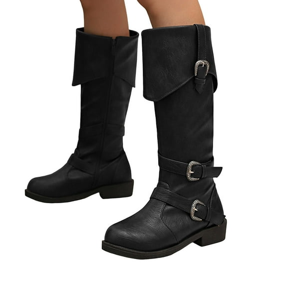 Rokment Vintage Wide Calf Knee High Riding Boots for Women Retro Casual Leather Buckles Mid Heel Foldver Tall Boots Black Size 6