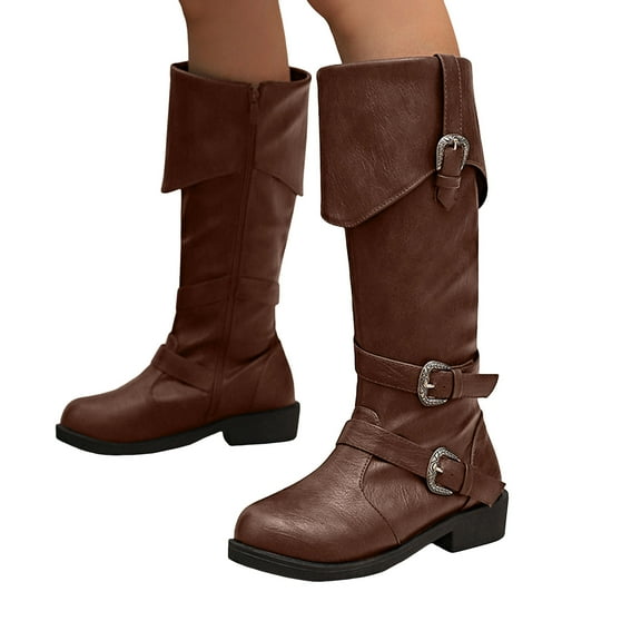 Rokment Vintage Wide Calf Knee High Riding Boots for Women Retro Casual Leather Buckles Mid Heel Foldver Tall Boots Brown Size 6