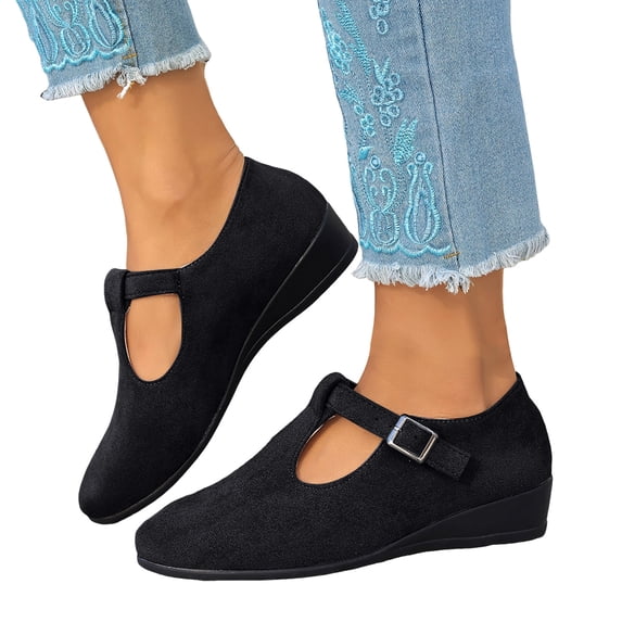 Rokment Wedge Dress Shoes for Women 2026 Spring Summer Fall Vintage Casual Suede Pointed Closed Toe Buckles Mid Heels Mary Jane Dressy Sandals Black Size 7.5