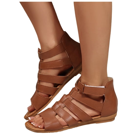 Rokment Wedge Low Heels Gladiator Sandals for Women Beach Roman Casual Leather Hollow out Open Toe Fisherman Flat Dress Summer Shoes Brown Size 8