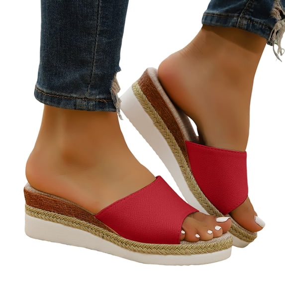Rokment Wedge Sandals for Women 2026 Beach Fashion Casual Leather Open Toe Memory Foam Espadrilles Platform High Heels Dress Slip on Slides Summer Shoes Red Size 9
