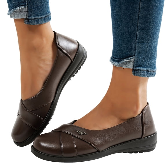 Rokment Wedges Ballet Flat Dressy Shoes for Women Ladies 2026 Spring Fall Stylish Casual Leather Low Heels Slip on Walking Loafers Comfortable Nursing Dress Footwear Coffee Size 8.5