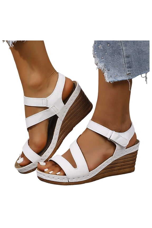 Wedges Dress Sandals for Women 2026 Stylish Simple Casual Leather Platform Chunky High Heels Summer Beach Orthopedic Dressy Work Sandal Ladies White Size 9.5