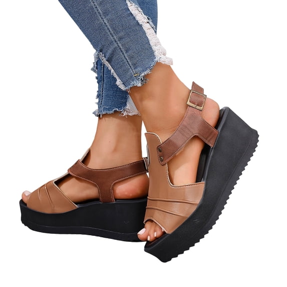 Rokment Wedges Gladiator Sandals for Women Beach Vintage Casual Color Block Leather Peep Toe Ankle Strap Platform Chunky Heeled Slingback Dress Summer Shoes Comfortable Walking Brown Size 8.5