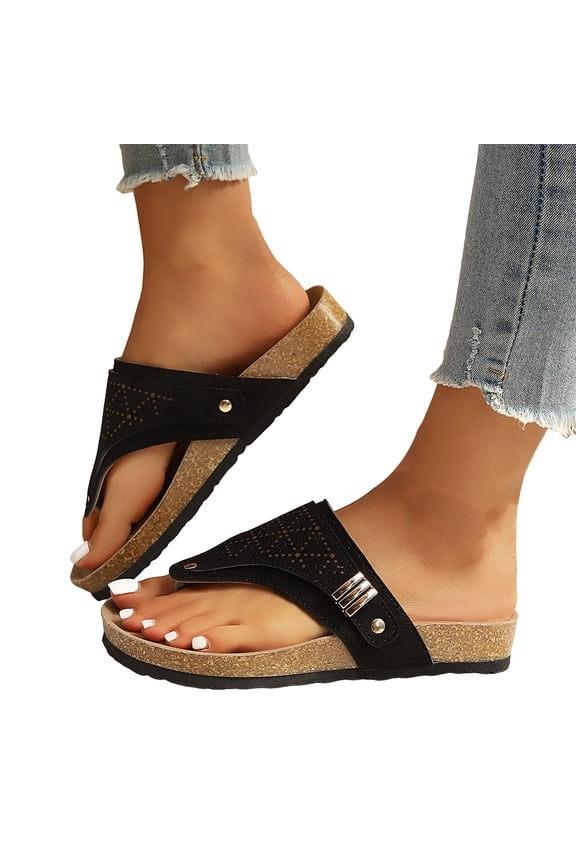 Wedges Orthopedic Cork Footbed Thongs Sandals for Women Boho Beach Leather Platform Slides Flip Flops Comfortable Dressy Slip on Slippers Black Size 8.5