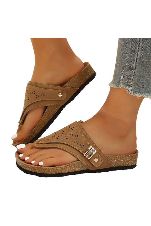 Wedges Orthopedic Cork Footbed Thongs Sandals for Women Boho Beach Leather Platform Slides Flip Flops Comfortable Dressy Slip on Slippers Khaki Size 7.5