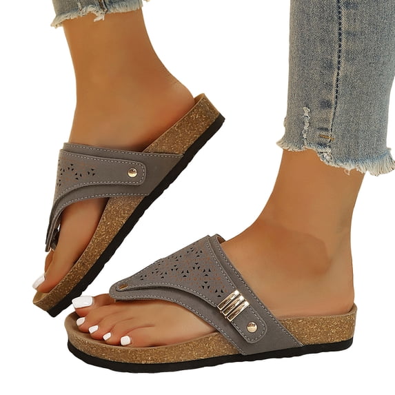 Rokment Wedges Orthopedic Cork Footbed Thongs Sandals for Women Boho Beach Leather Platform Slides Flip Flops Comfortable Dressy Slip on Slippers Grey Size 6.5