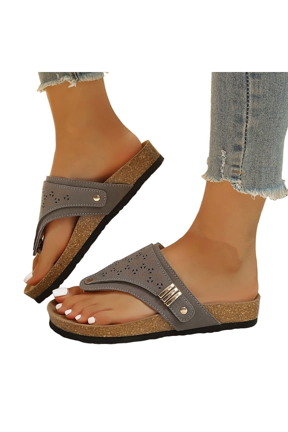 Wedges Orthopedic Cork Footbed Thongs Sandals for Women Boho Beach Leather Platform Slides Flip Flops Comfortable Dressy Slip on Slippers Grey Size 8.5