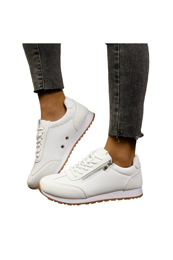 White Running Walking Shoes for Women 2026 Spring Fall Comfortable Leather Suede Patchwork Zip up Memory Foam Skate Fashion Sneakers Casual Tennis Flat White Size 9.5