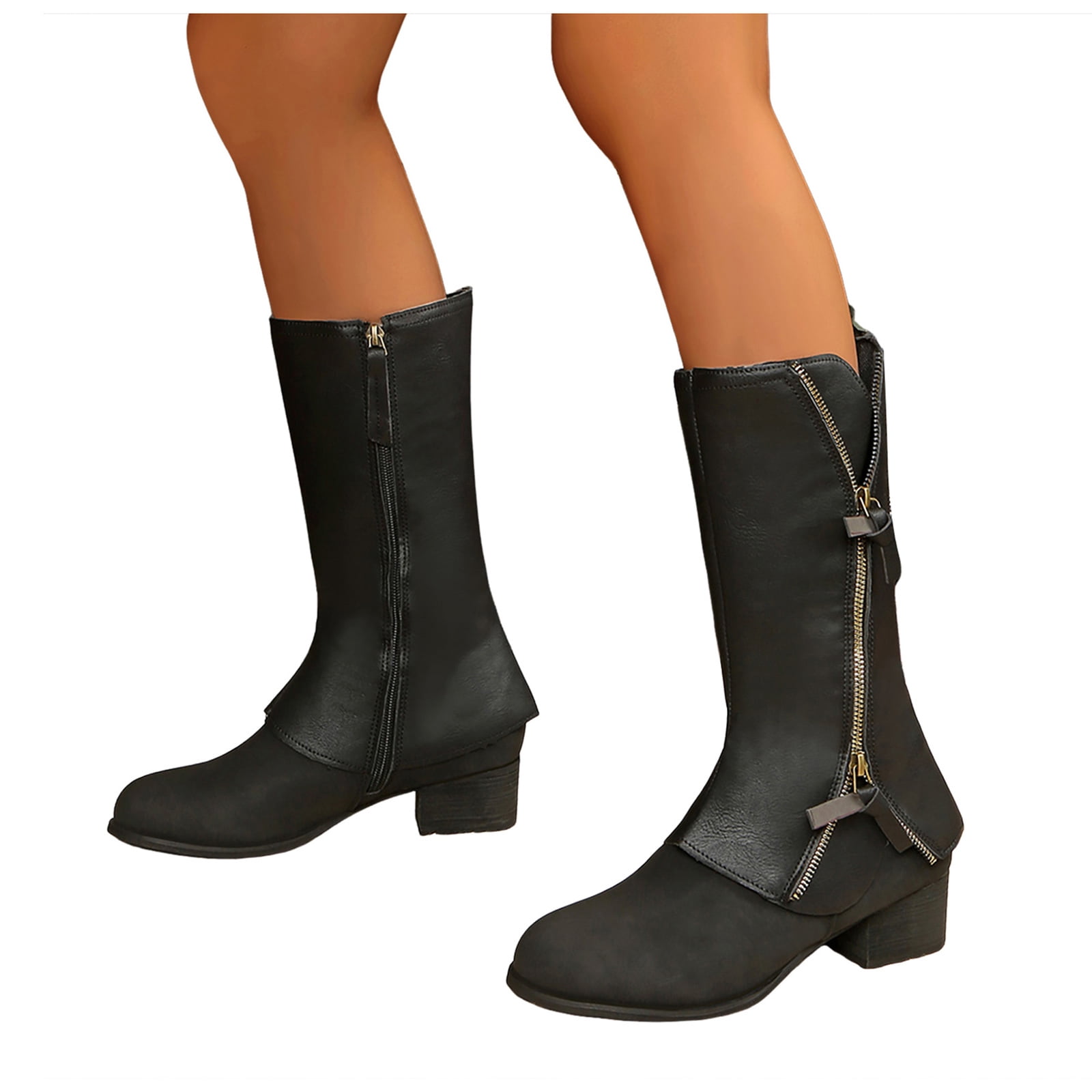 Rokment Wide Calf Fold over Riding Boots for Women Punk Vintage